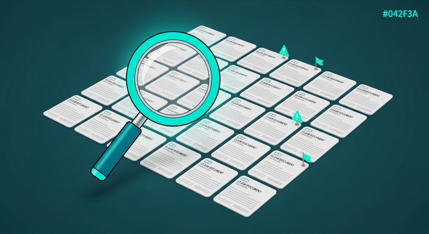 Editorial illustration of a stack of claim forms with colored tabs sorted into recovery bins, representing organized denial management