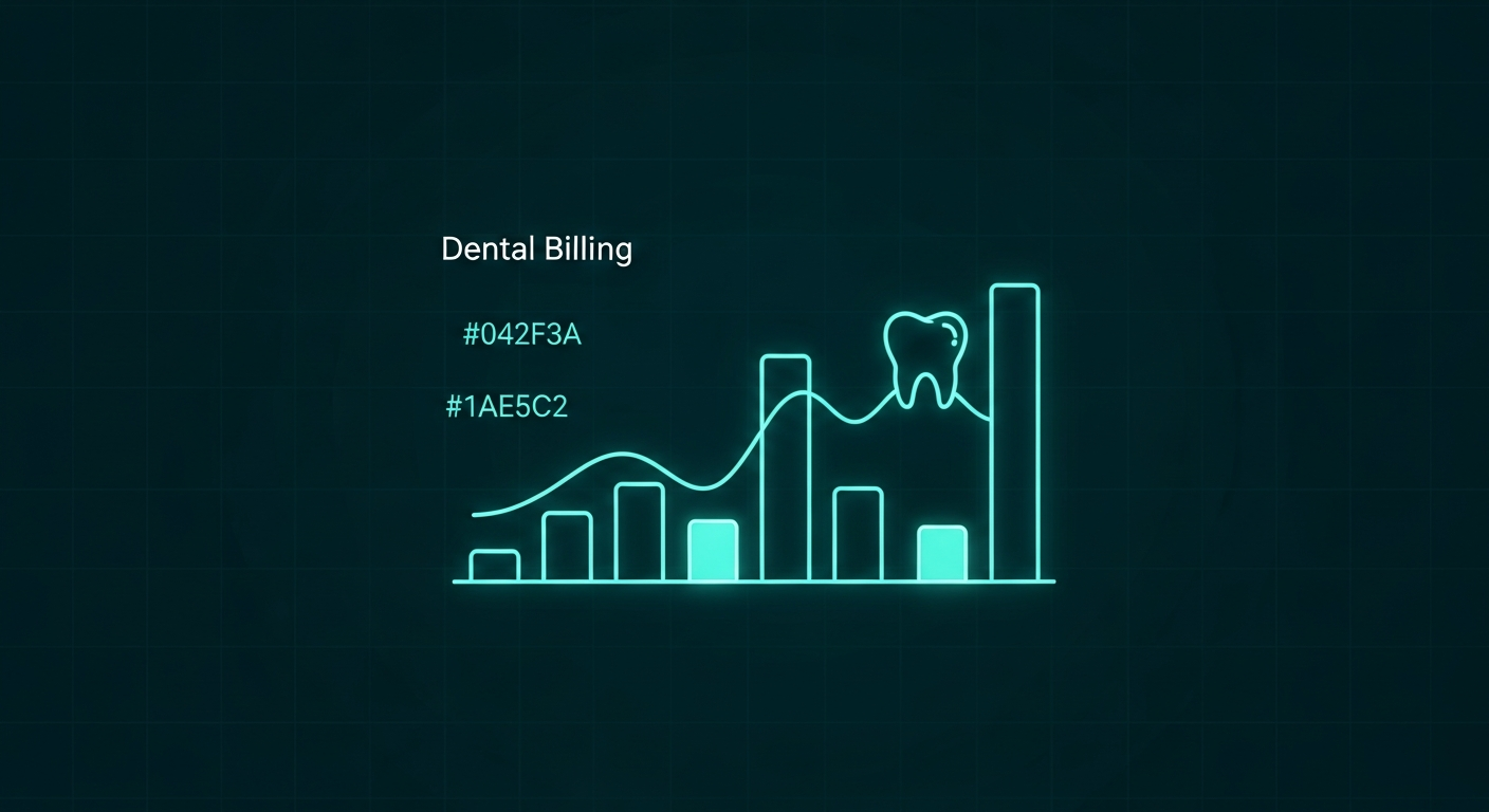 Editorial illustration of a dental billing KPI dashboard with bar chart and tooth icon