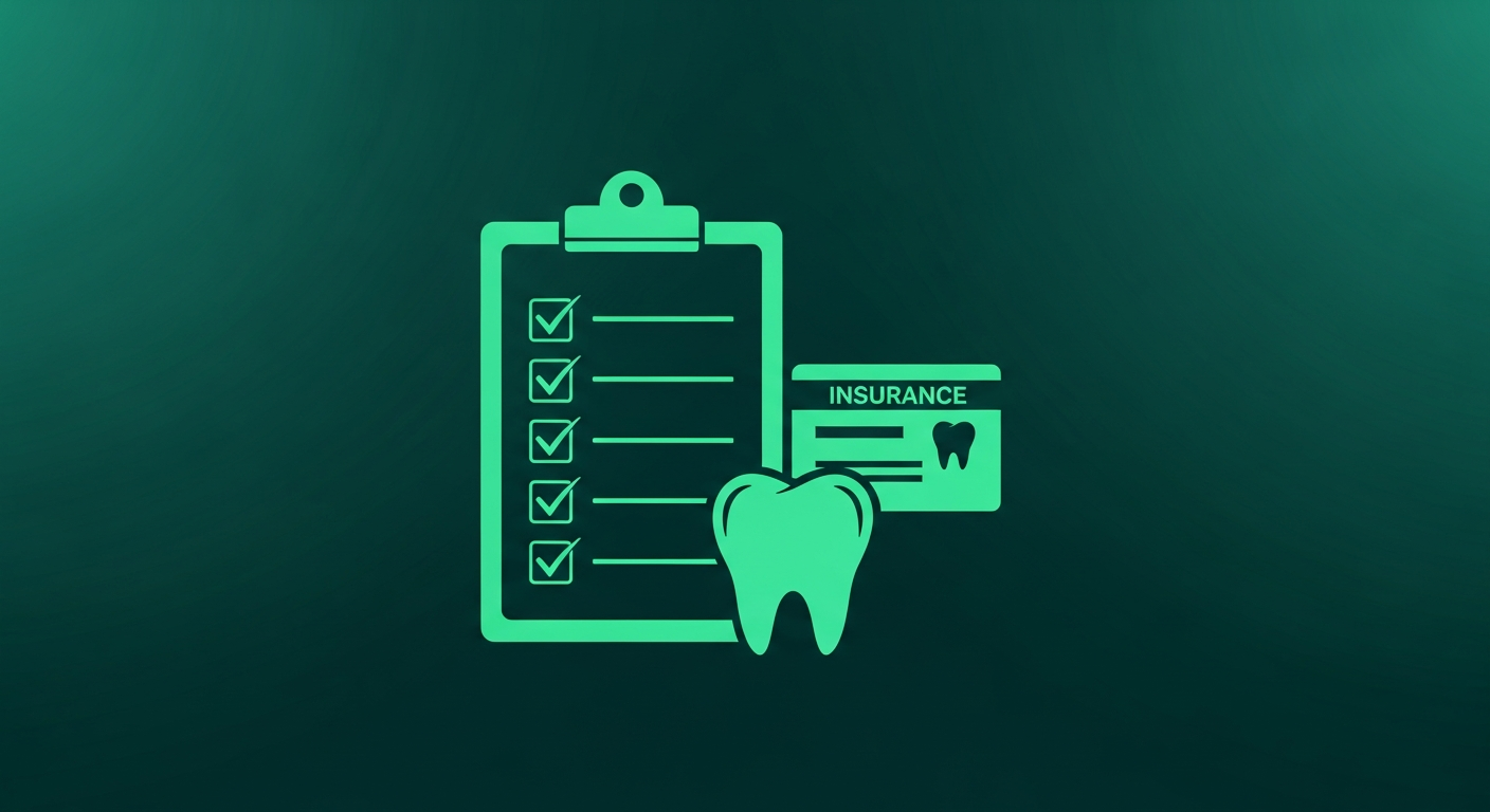 Editorial illustration of a clipboard checklist with a tooth icon and insurance card, symbolizing dental insurance verification
