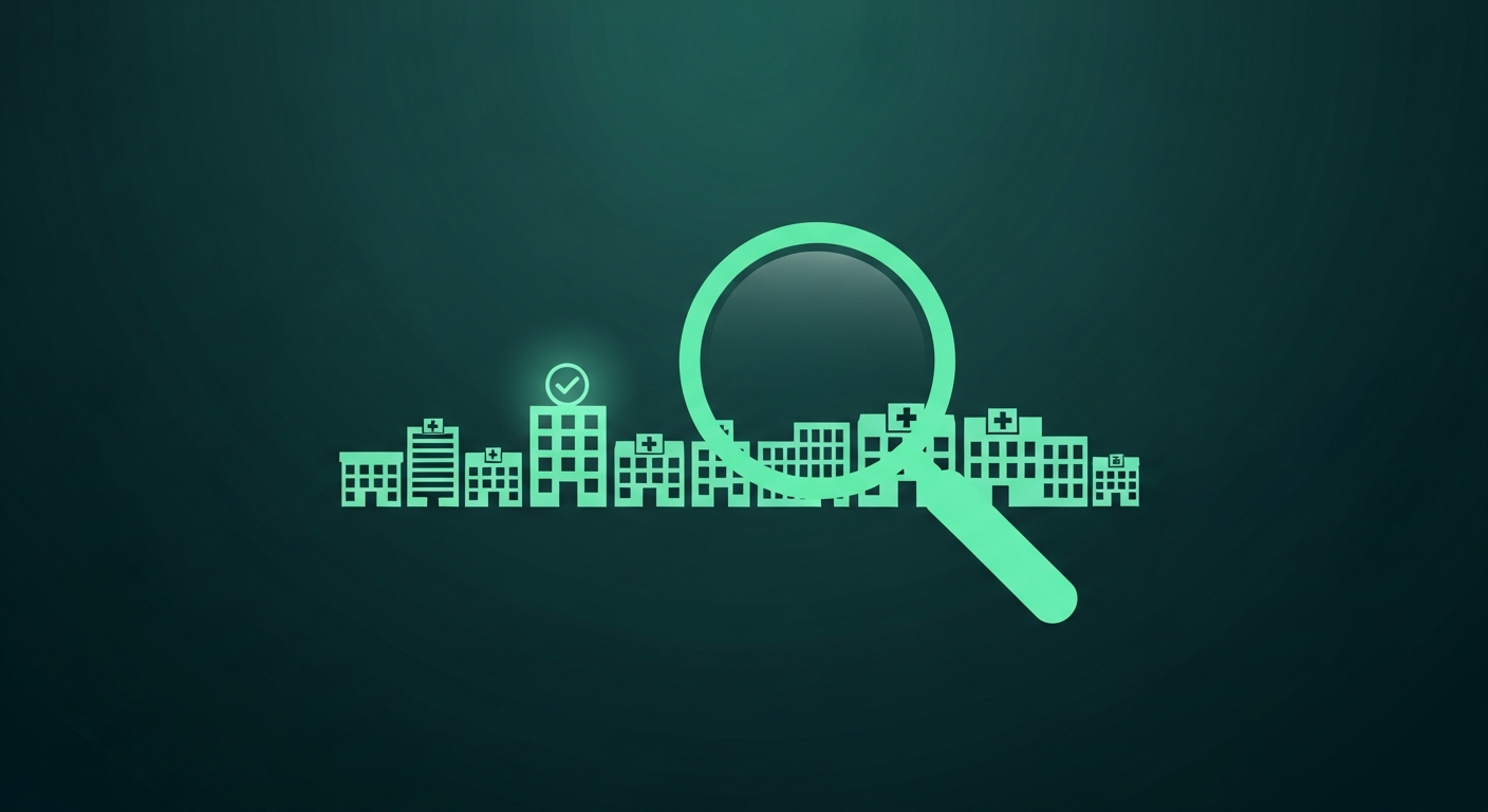 Editorial illustration of a magnifying glass examining vendor icons with one marked by a checkmark, symbolizing choosing a medical billing company