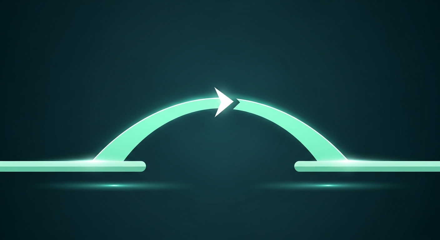 Editorial illustration of a glowing arrow forming a bridge between two platforms, representing switching medical billing companies without a revenue gap