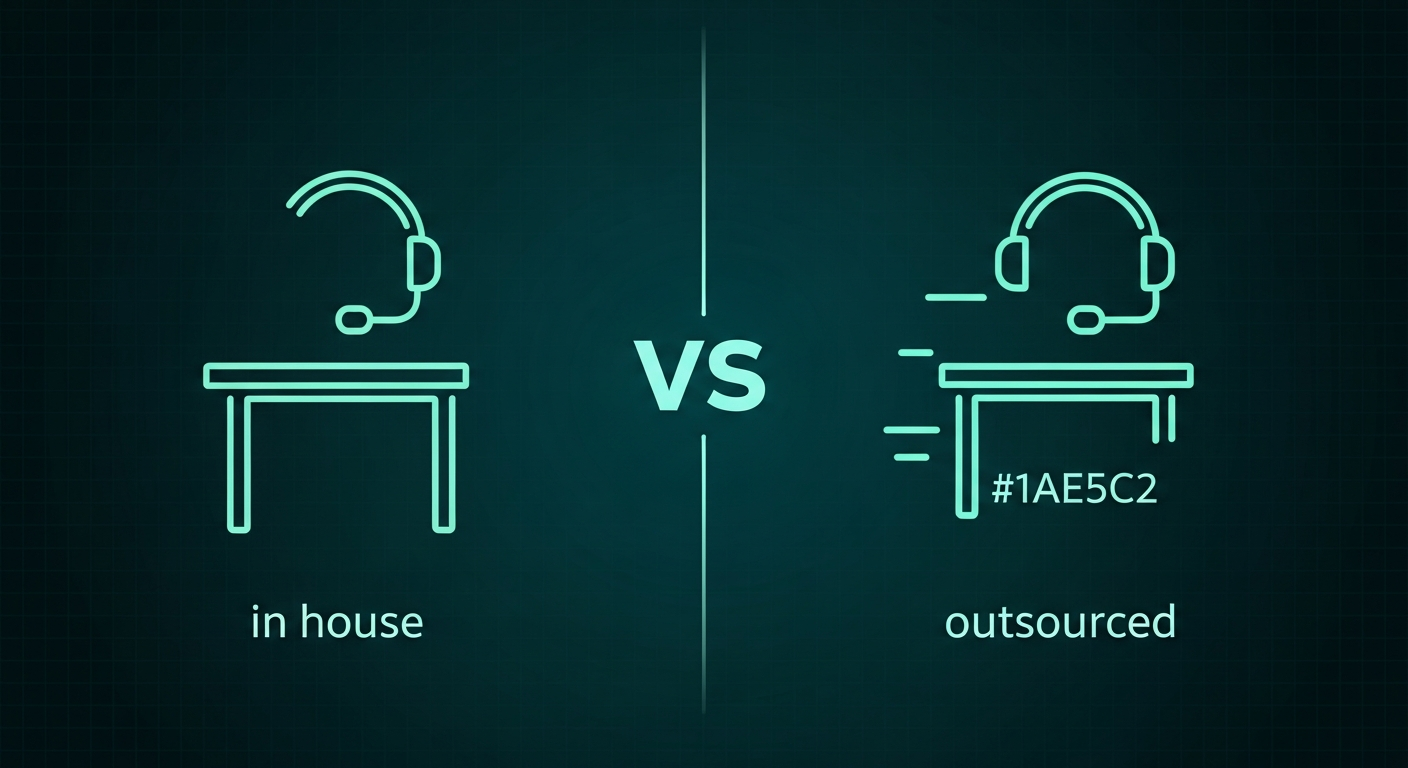 Editorial illustration of two stylized desk and headset icons divided by a vs marker, comparing in-house and outsourced front desk