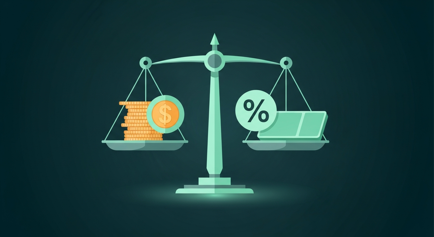 Editorial illustration of a balance scale weighing coins against a percentage symbol and a flat tile, representing medical billing pricing models
