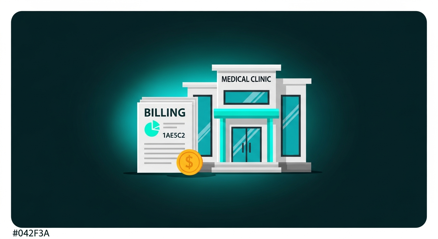 Editorial illustration of a small clinic building with a steady flow of coins moving into a ledger, representing small practice medical billing