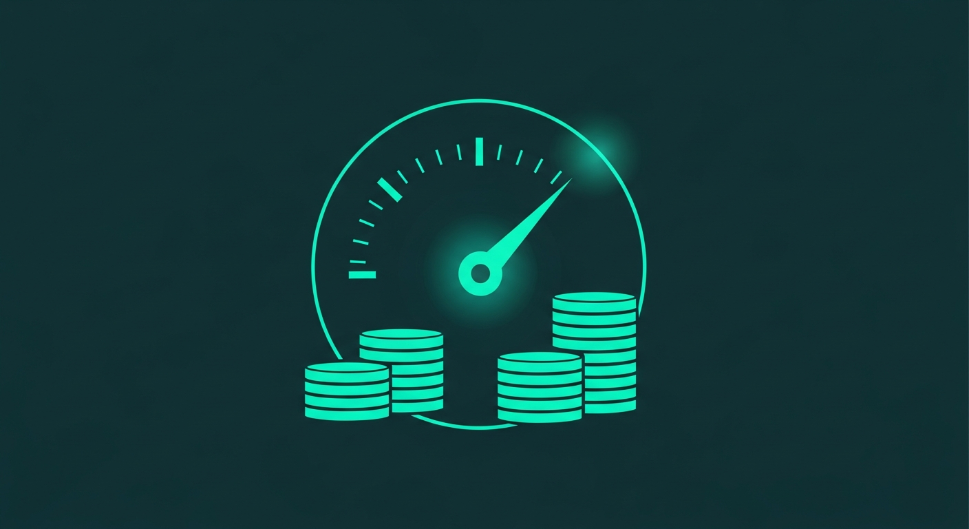 Editorial illustration of a measuring cup partially filled with coins next to a contracted fee chart, representing net collection rate measurement