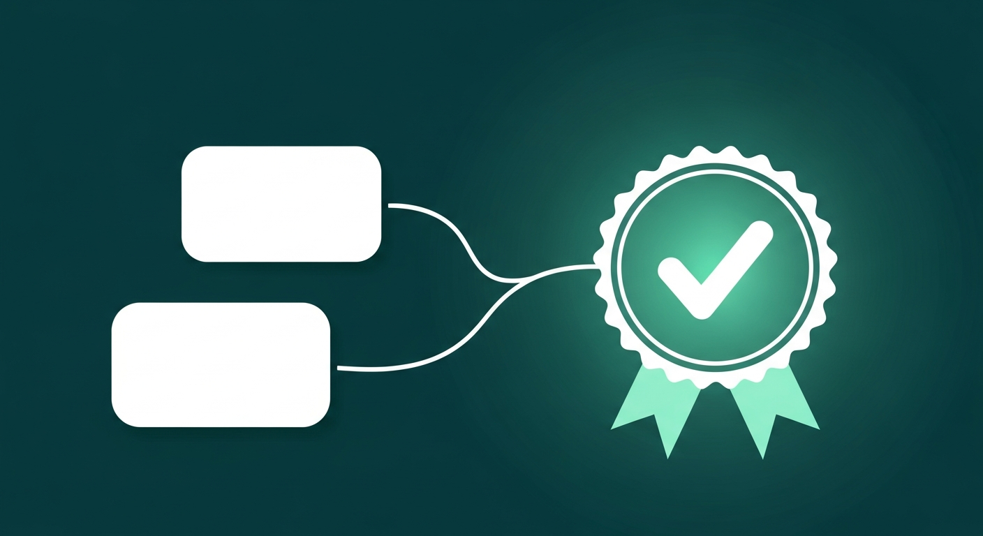 Editorial illustration of a credential badge and enrollment document moving through a verified checkmark, representing provider credentialing and payer enrollment