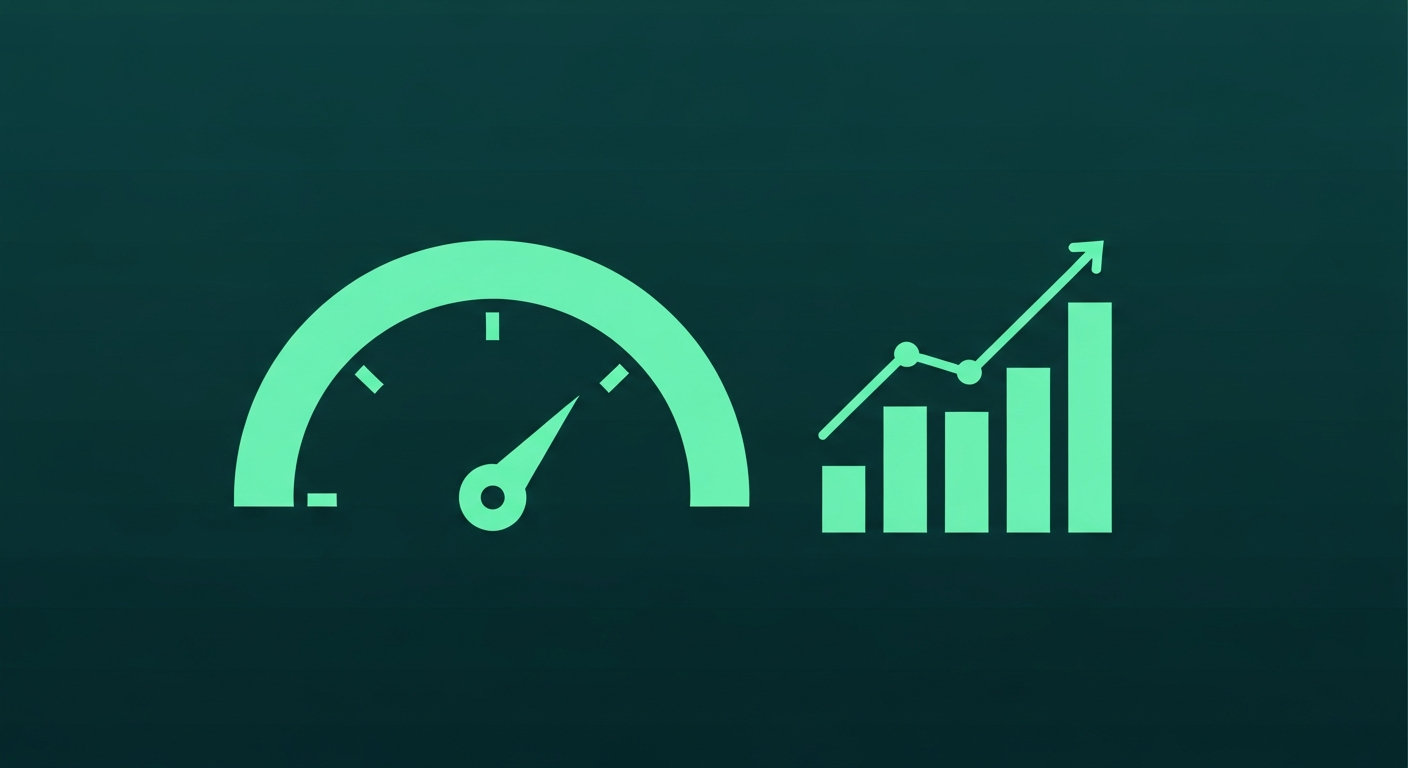 Editorial illustration of an analytics dashboard with gauges, benchmark lines, and bar charts representing revenue cycle KPIs