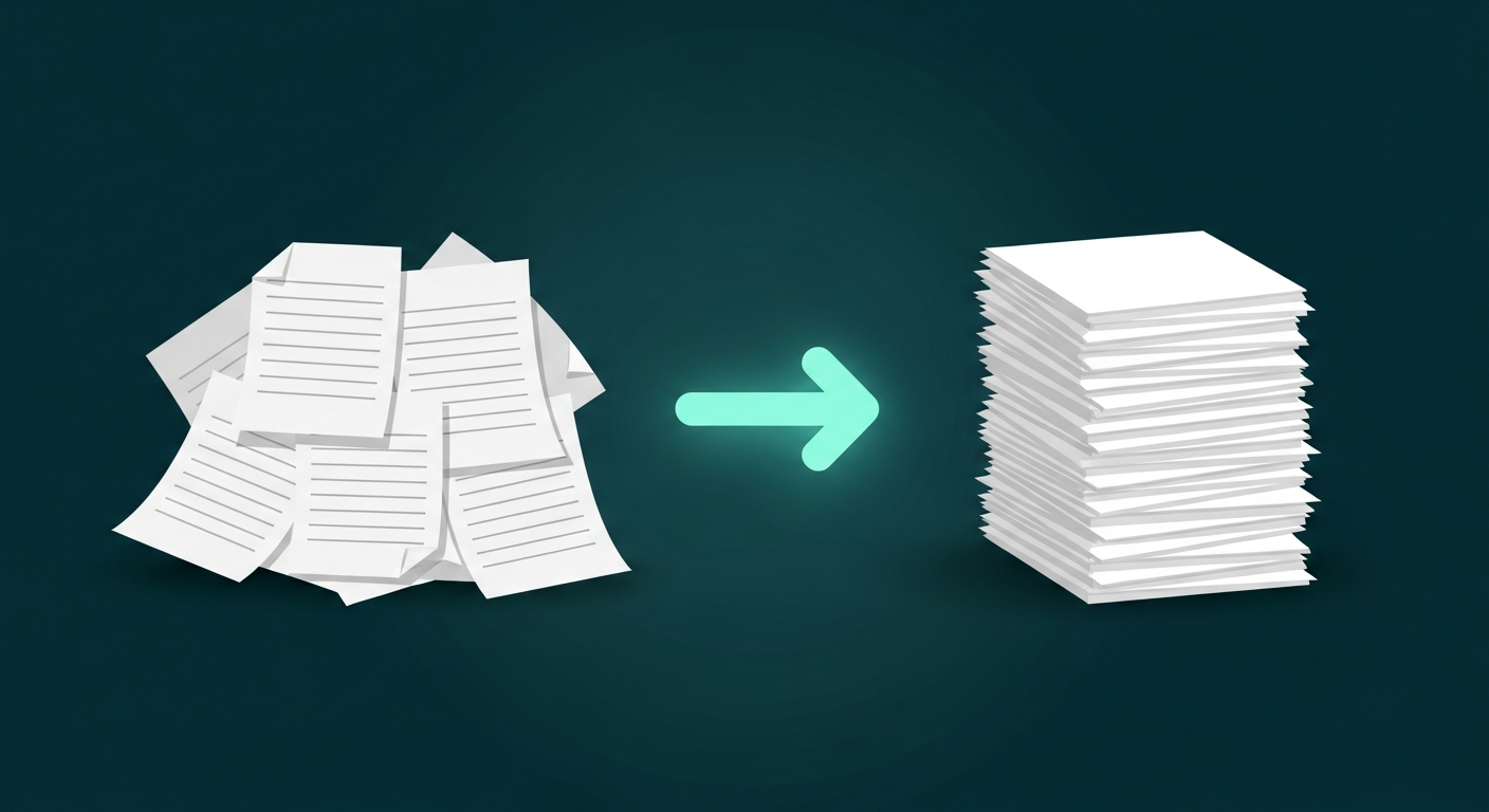 Editorial illustration of an overflowing document tray handing off to an organized stack, representing the decision to outsource medical billing